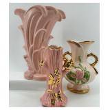 Trio of Vintage Pink and Floral Vases with Gold Accents including McCoy