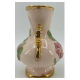 Trio of Vintage Pink and Floral Vases with Gold Accents including McCoy