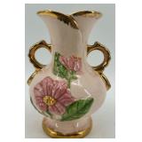 Trio of Vintage Pink and Floral Vases with Gold Accents including McCoy