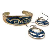Mexican Alpaca Bracelet and Sterling Silver Earrings Set with Inlay Design