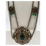 Vintage Ornate Necklace with Green Jewels and Bronze Filigree Design