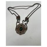 Vintage Ornate Necklace with Green Jewels and Bronze Filigree Design