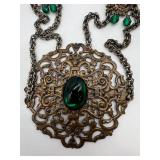 Vintage Ornate Necklace with Green Jewels and Bronze Filigree Design