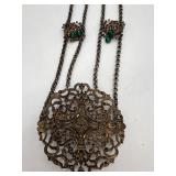Vintage Ornate Necklace with Green Jewels and Bronze Filigree Design