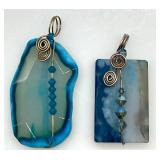 Set of 2 Handmade Agate Stone Pendants with Wire Wrapping