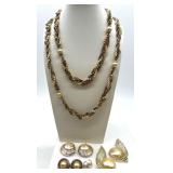 Vintage Jewelry Set with Gold-Tone Pearl Wrap Necklace and Earrings including Sarah Coventry