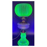 Vintage Vaseline Uranium Glass Electric Table Lamp with Floral Design