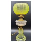 Vintage Vaseline Uranium Glass Electric Table Lamp with Floral Design