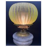 Vintage Vaseline Uranium Glass Electric Table Lamp with Floral Design