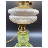 Vintage Vaseline Uranium Glass Electric Table Lamp with Floral Design