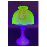 Westmoreland Vaseline Uranium Glass Lamp with Figural Scene