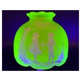 Westmoreland Vaseline Uranium Glass Lamp with Figural Scene