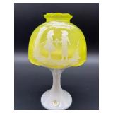 Westmoreland Vaseline Uranium Glass Lamp with Figural Scene