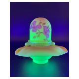 Signed Vintage Fenton Hand-Painted Burmese Uranium Glass Fairy Lamp with Floral Design