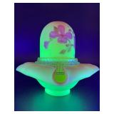 Signed Vintage Fenton Hand-Painted Burmese Uranium Glass Fairy Lamp with Floral Design
