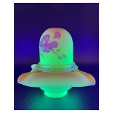 Signed Vintage Fenton Hand-Painted Burmese Uranium Glass Fairy Lamp with Floral Design