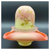 Signed Vintage Fenton Hand-Painted Burmese Uranium Glass Fairy Lamp with Floral Design