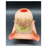 Signed Vintage Fenton Hand-Painted Burmese Uranium Glass Fairy Lamp with Floral Design