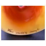 Signed Vintage Fenton Hand-Painted Burmese Uranium Glass Fairy Lamp with Floral Design