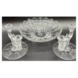 Pair of Vintage New Martinsville Crystal Glass Candle Holders with Etched Design