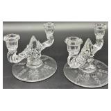 Pair of Vintage New Martinsville Crystal Glass Candle Holders with Etched Design