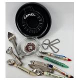 Vintage Advertising Ashtrays, Bottle Openers, Nail Clippers, Pens, and Blue Pottery Dish Lot