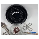 Vintage Advertising Ashtrays, Bottle Openers, Nail Clippers, Pens, and Blue Pottery Dish Lot