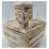 Set of 3 Vintage Ceramic Pieces: Green Scalloped Dish, Marble Vase, Abstract Pitcher