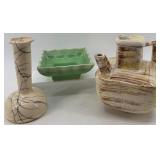 Set of 3 Vintage Ceramic Pieces: Green Scalloped Dish, Marble Vase, Abstract Pitcher