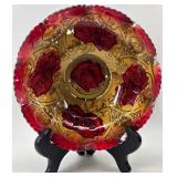 Vintage Red Goofus Glass Plate, Embossed Vase, and Mantel Clock Set