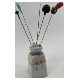 Antique Porcelain Hat Pin Holder with 5 Hat Pins and 3 Stick Pins