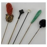 Antique Porcelain Hat Pin Holder with 5 Hat Pins and 3 Stick Pins