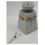 Antique Porcelain Hat Pin Holder with 5 Hat Pins and 3 Stick Pins