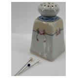 Antique Porcelain Hat Pin Holder with 5 Hat Pins and 3 Stick Pins