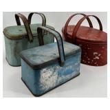 Set of 3 Vintage Metal Handled Tins - Rustic Decor