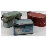 Set of 3 Vintage Metal Handled Tins - Rustic Decor