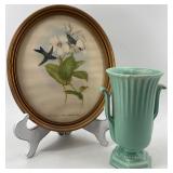 Vintage Hope Novelty Co. Bird Print in Frame and Red Wing Art Pottery Vase