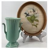 Vintage Hope Novelty Co. Bird Print in Frame and Red Wing Art Pottery Vase