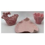Set of 3 Vintage Pink Ceramic Pieces: Rooster Dish, Miramar Flower Pot, Leaf Dish