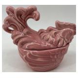 Set of 3 Vintage Pink Ceramic Pieces: Rooster Dish, Miramar Flower Pot, Leaf Dish