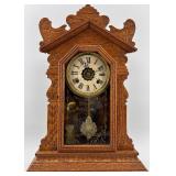 Antique Waterbury Mantel Clock with Ornate Wood Case and Key