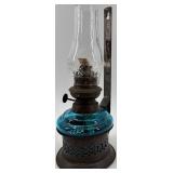 Vintage Blue Glass Oil Lamp with Clear Chimney