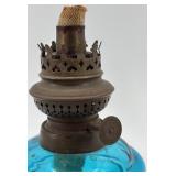 Vintage Blue Glass Oil Lamp with Clear Chimney