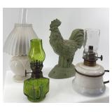Collection of Vintage Oil Lamps and Green Cast Rooster Decor