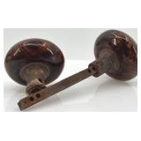 Set of 2 Antique Bennington Swirl Ceramic Door Knobs with Metal Spindles