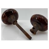 Set of 2 Antique Bennington Swirl Ceramic Door Knobs with Metal Spindles