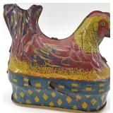 Vintage Table Clock, Tin Chicken Toy, and Glass Oil Lamp Set