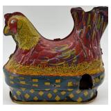 Vintage Table Clock, Tin Chicken Toy, and Glass Oil Lamp Set