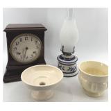 Antique Mantel Clock, Ceramic Bowls, and Ceramic Oil Lamp Set