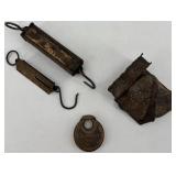 Lot of Antique Hanging Spring Scales, Champion 6-Lever Padlock, and Vintage Artisan Metal Card Holder
